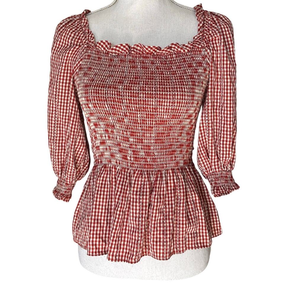 Max Studio Burnt Orange Cream Plaid Ruffle Top Small